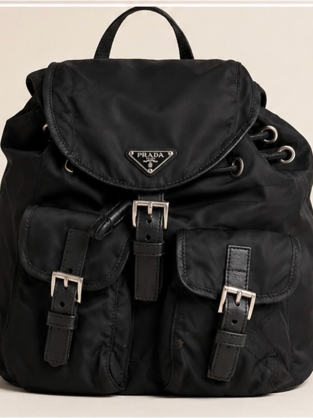 Prada Black Nylon Drawstring Backpack with Buckle Pockets